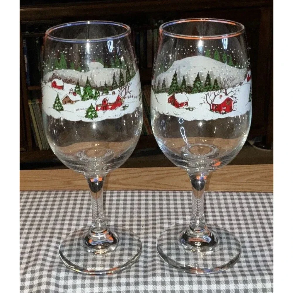 Lot 2 Libbey Glass Company Vintage Winter Village Wine Glasses